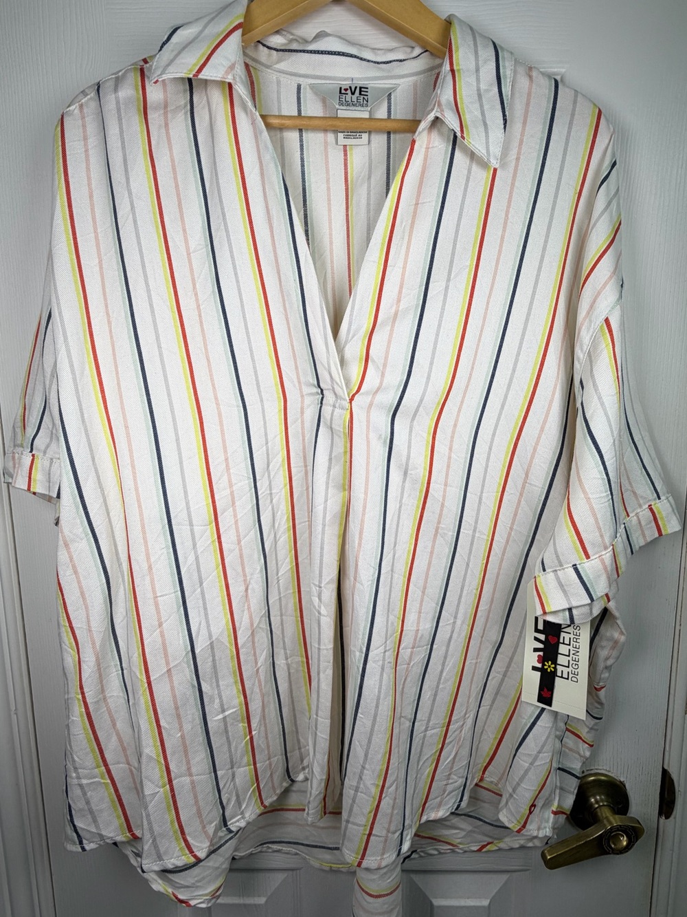 Ellen Degeneres LOVE Striped Button-Down Shirt 2X White Multicolor Linen Blend